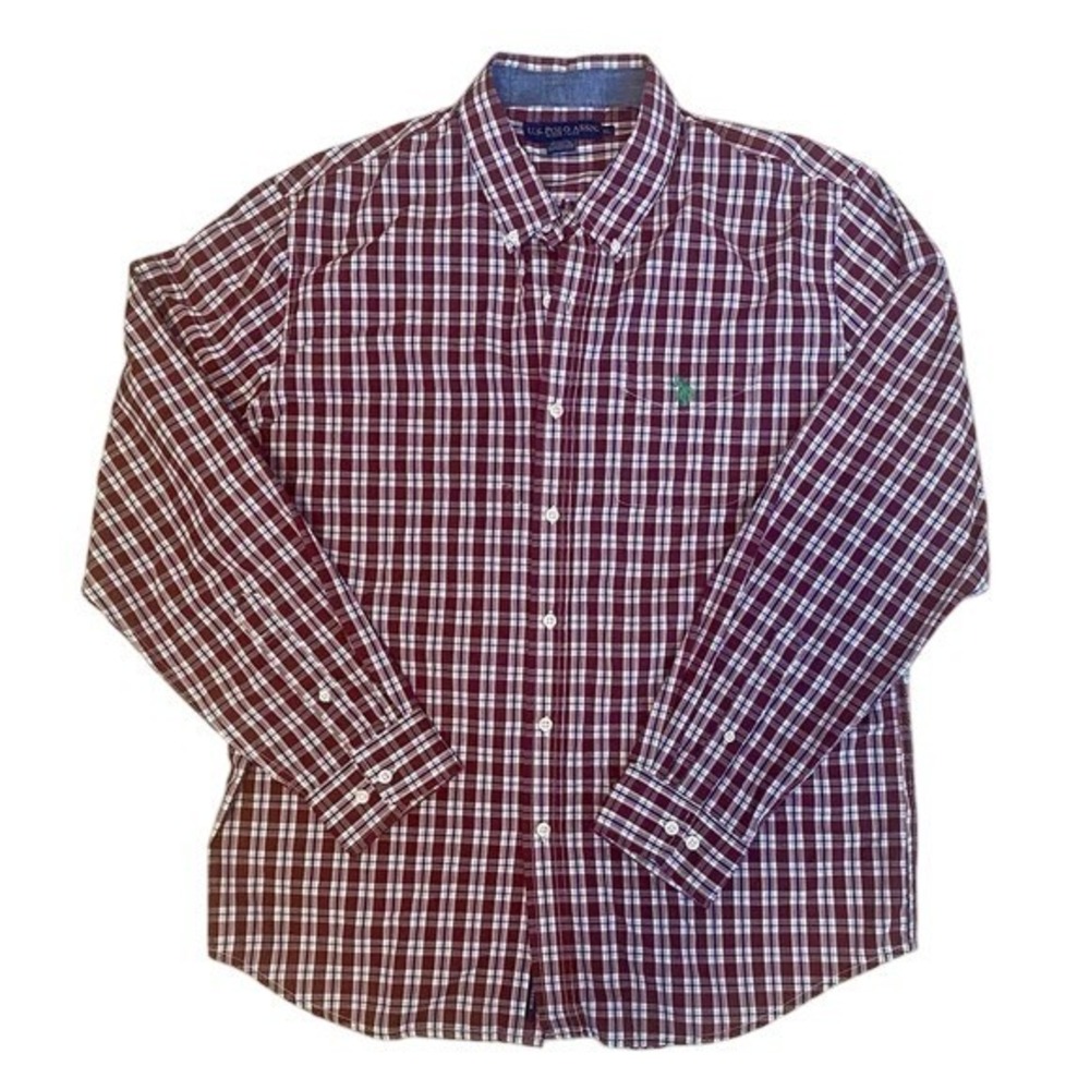 US Polo Assn. Mens XL Plaid Button Down Shirt Long Sleeve Burgundy White